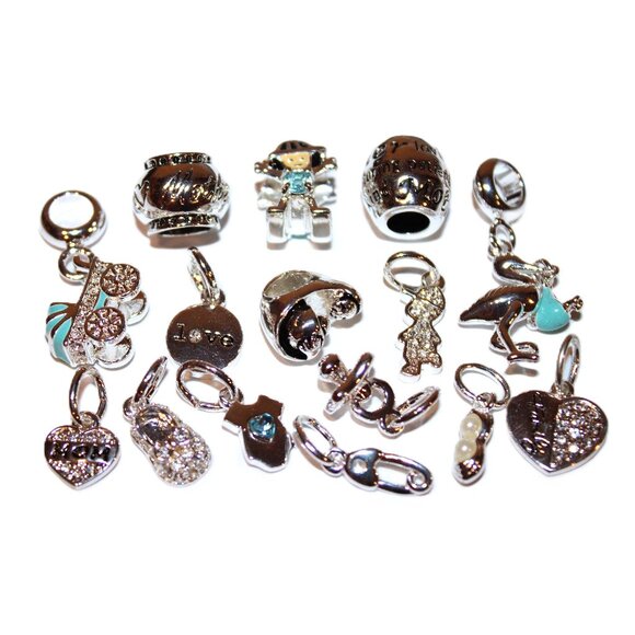 DaVinci Charm Bead Lot of 15 (for bracelets) Baby Boy Mother Mom Blue Silver - Picture 1 of 5